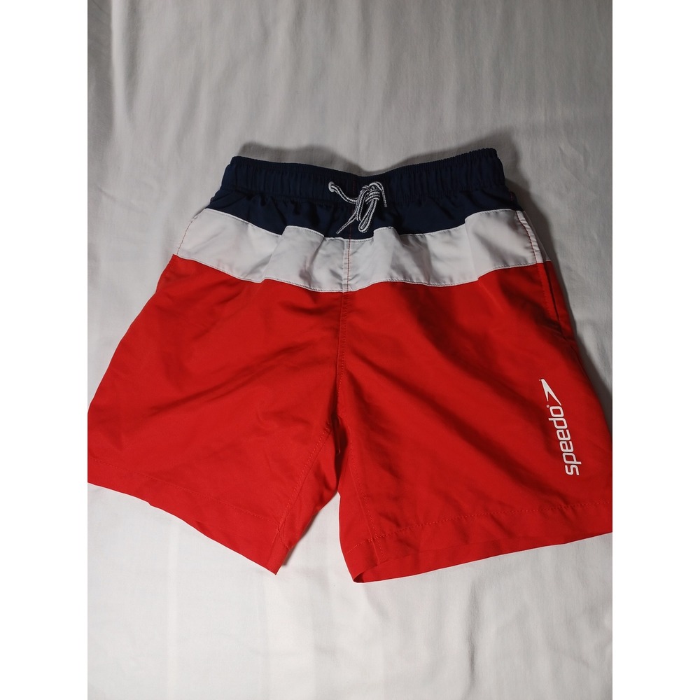 Speedo Boys Swim Trunks Red White Blue Color Block Drawstring Waist Shorts